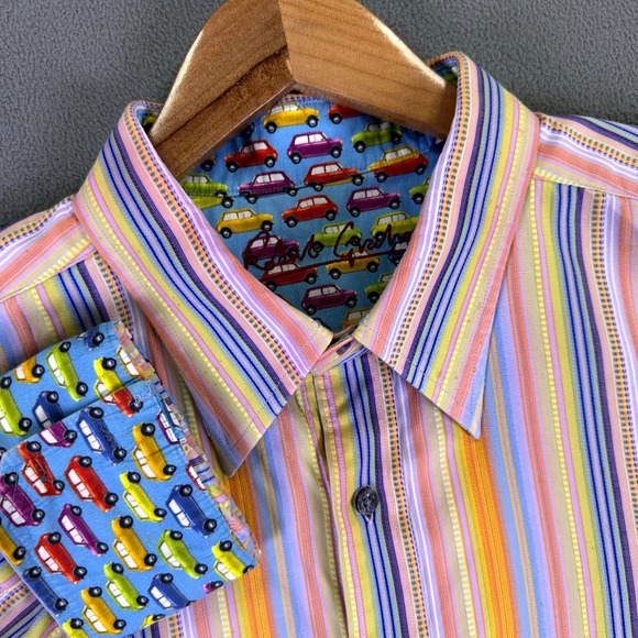 Robert Graham Other - Robert Graham Shirt 2XL Pink Orange Blue Stripe Cars Colorful Flip Cuff STAIN